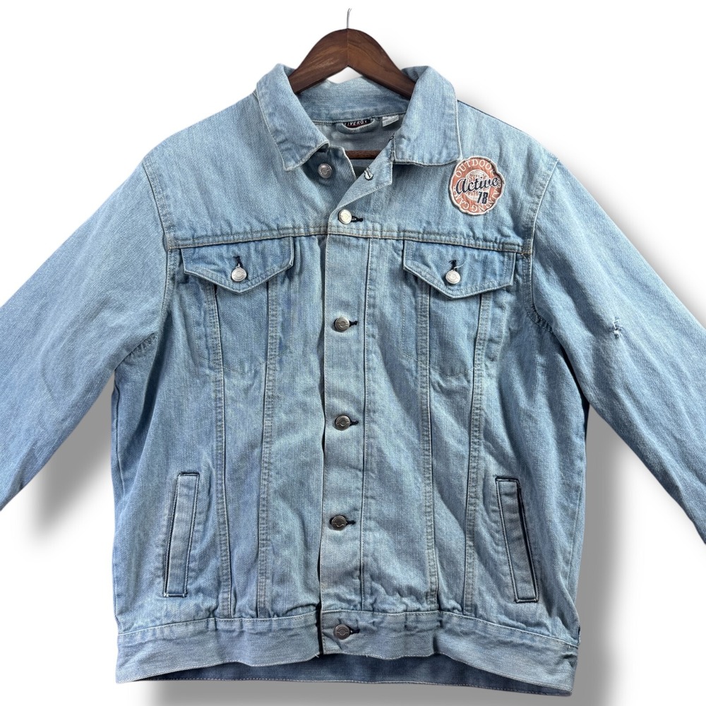 Livergy Mens Large Denim Jacket Retro Trucker Fading Medium Wash Blue Patch
